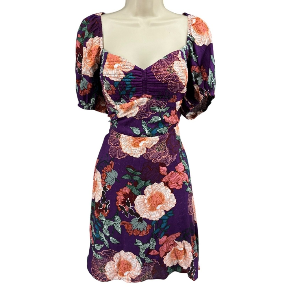 Band of‎ the Free Aimee Purple Floral Puff Sleeve Mini Dress Smocked Back L NWT